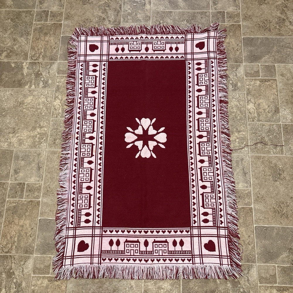Vtg Country Farmhouse Tapestry Throw Blanket Romantic Burgundy Pink Fringe 27x43